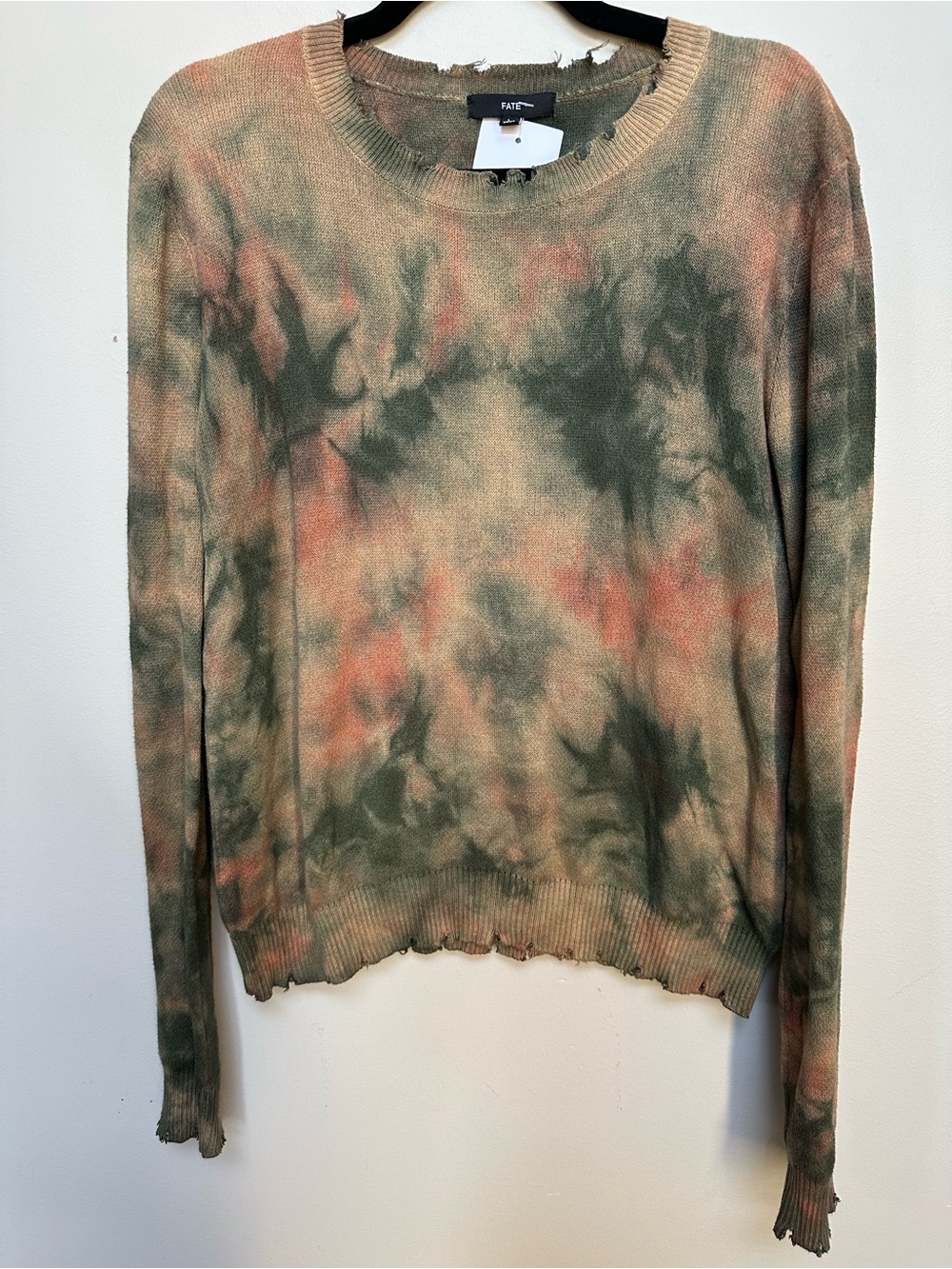 Fate Sz L Olive & Blush Tie-Dye Bleached Distressed Sweater